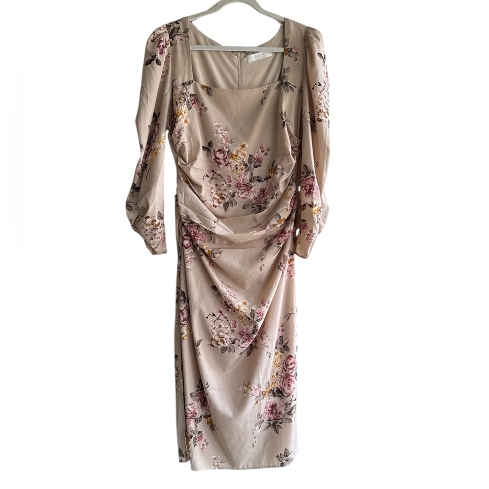 Astr Gold Tan Sheath Dress with Bishop Sleeves